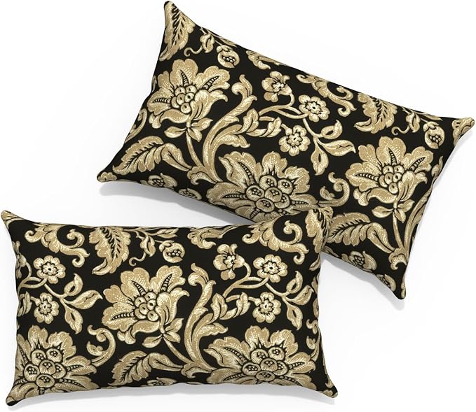 Outdoor Lumbar Pillows with Insert 12x20 Inch, Waterproof Throw Pillow for Patio Furniture, Decorative Lumbar Cushions for Garden Home Sofa Office Chair, Set of 2, Jacobean Black