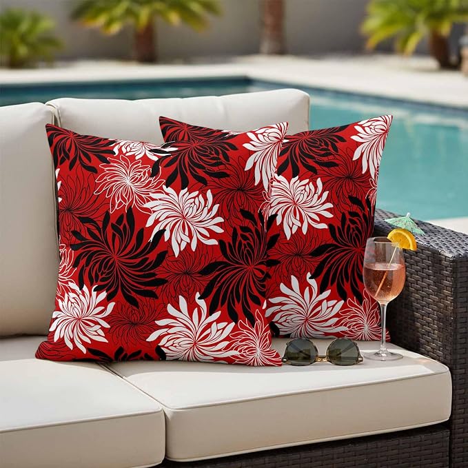 Yukro Red Black Floral Outdoor Waterproof Pillow Covers Pack of 2, Vintage White Black Flower Red Decorative Throw Pillowcases Cushion Covers for Garden Patio Tent Sofa Couch, 16x16 inch