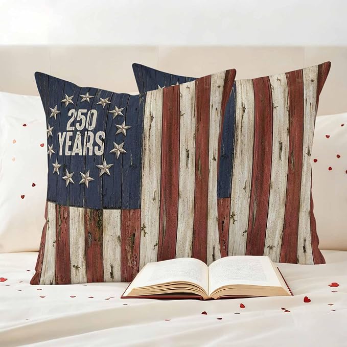 250 Year Anniversary USA Outdoor Waterproof Throw Pillow Covers 20"x20" Set of 2, 4th of July Vintage Wood Decorative Garden Pillowcase with Zipper Cushion Case for Patio Couch Tent