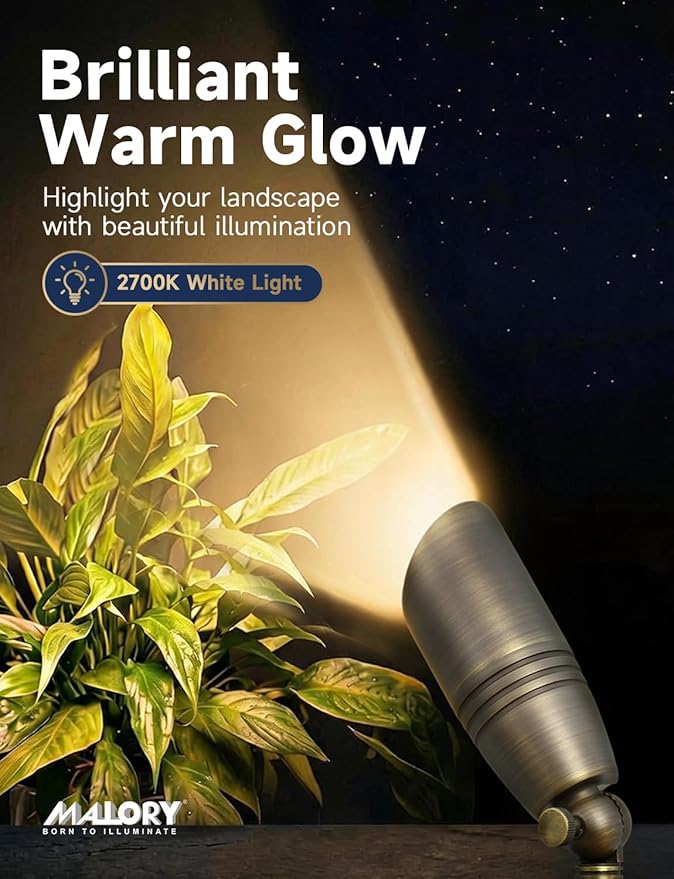 MALORY Brass Landscape Spotlights 12-Pack with Bulb Kit(S02), Low Voltage 12V AC/DC LED Outdoor Spot Uplights for House and Tree,PVC Ground Stake and Wire Connector Included, 5W 2700K Warm White