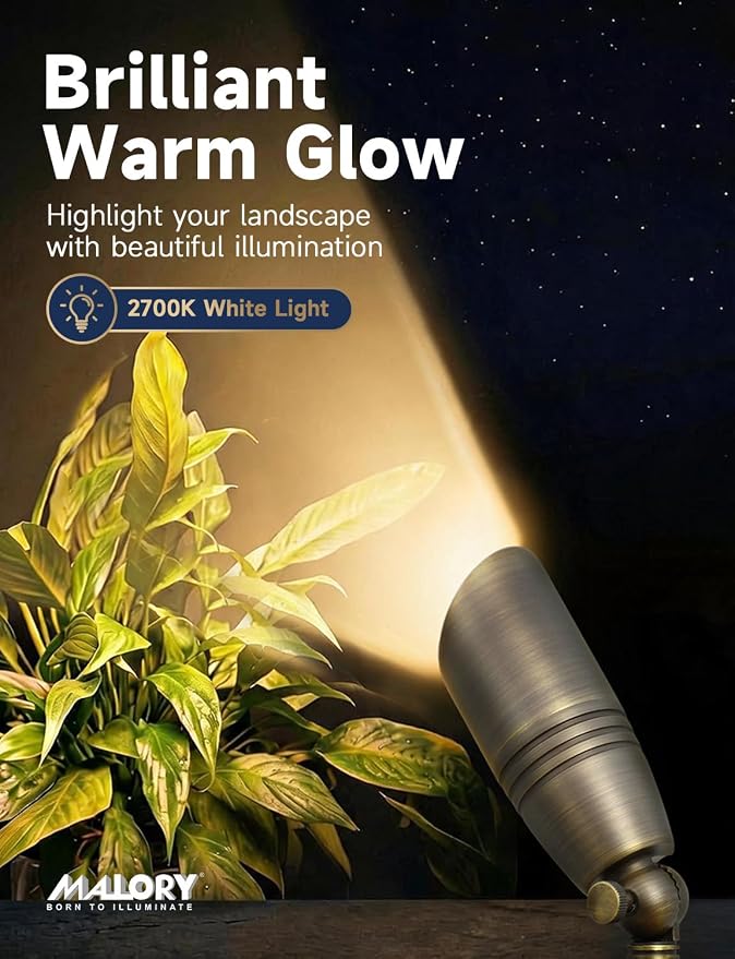 MALORY Brass Landscape Spotlights 4-Pack with Bulb Kit(S02), Low Voltage 12V AC/DC LED Outdoor Spot Uplights for House and Tree,PVC Ground Stake and Wire Connector Included, 5W 2700K Warm White
