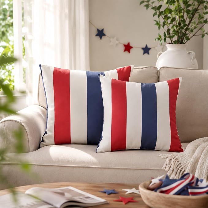 Pack of 2 Outdoor Waterproof Striped Pillow Covers Decorative Throw Covers | 18x18,Garden Cushion Covers, Farmhouse Pillowcases for Couch Sofa Patio Tent Balcony