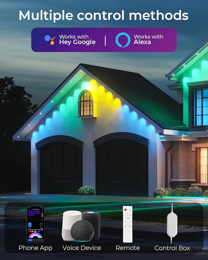 CINOTON Permanent Outdoor Lights 100ft, Smart RGBW+IC Eaves Lights with 60LEDs, IP67 Waterproof, 111 Scene Modes for Daily and Festival, Halloween Christmas Holiday Decor, APP/Voice/Remote Control
