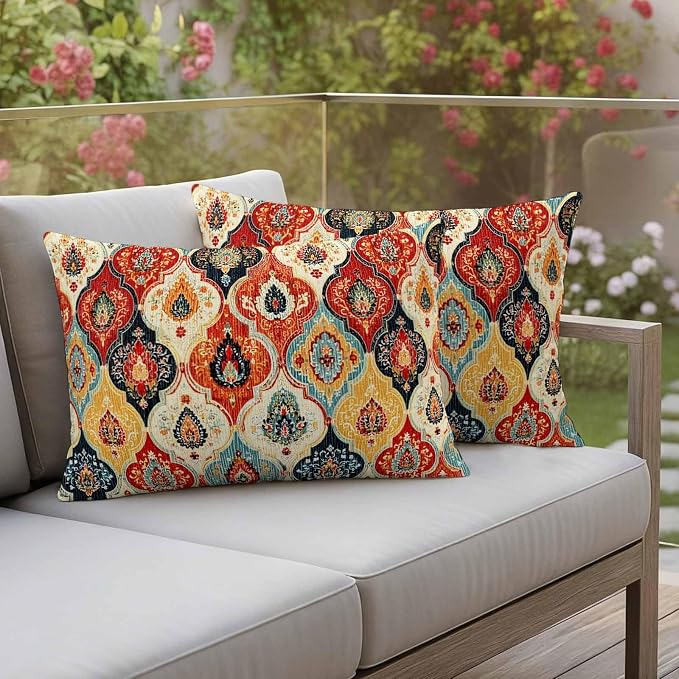 Bohemian Floral Outdoor Pillow Covers 20"x12" Set of 2, Moroccan Exotic Colored Floral Waterproof Throw Pillow Covers for Patio Furniture, Decorative Cushion Covers for Porch