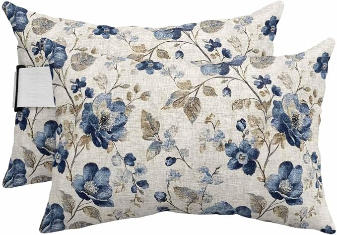 Navy Blue Floral Outdoor Lumbar Pillow Covers 11"x16" Set of 2, Decorative Throw Pillow Covers for Patio, Beige Vintage Farmhouse Botanical Leaves Waterproof Cushion Case for Pool Beach Chair