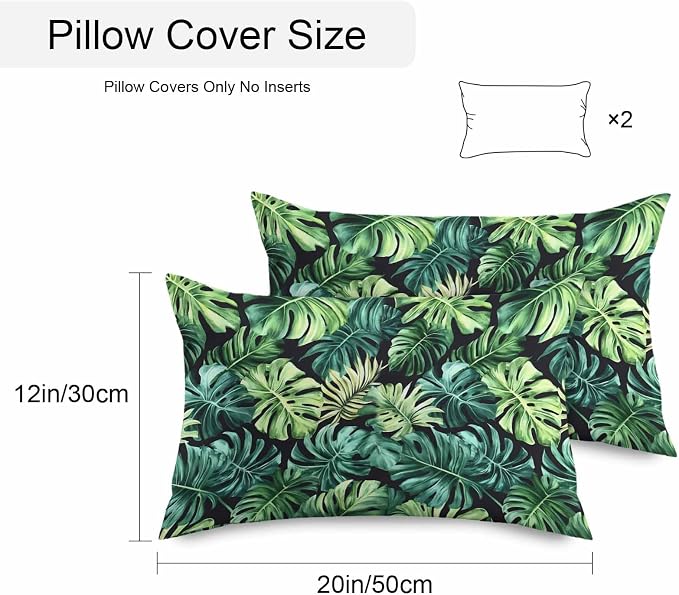 Palm Leaf Waterproof Outdoor Pillow Covers Set of 2 Home Decor, Green Tropical Plant Summer Nature Scenery Pillowcase Patio Pillow Covers for Couch Bench Furniture Garden 20x12in