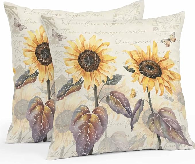 Sunflower Outdoor Pillow Covers Pack of 2, Retro Sunflower Floral Butterfly Waterproof Pillow Covers Seasonal Spring Summer Throw Pillowcase for Patio Funiture Garden Tent, 16 x 16 inch