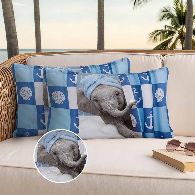 Bathing Elephant Waterproof Outdoor Pillow Covers Set of 2 Home Decor, Funny Animal Showering Lumbar Pillowcase Patio Pillow Covers for Couch Bench Patio Furniture Garden 20x12in