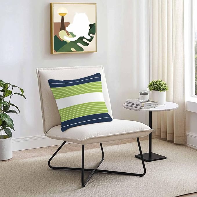 Navy Blue Green Stripe Outdoor Pillow Covers Waterproof, All Weather Cushion Case Set of 2, Modern Art Horizontal Striped Decorative Pillowcases for Sofa Couch Bed Decor Patio Furniture 16"x16"