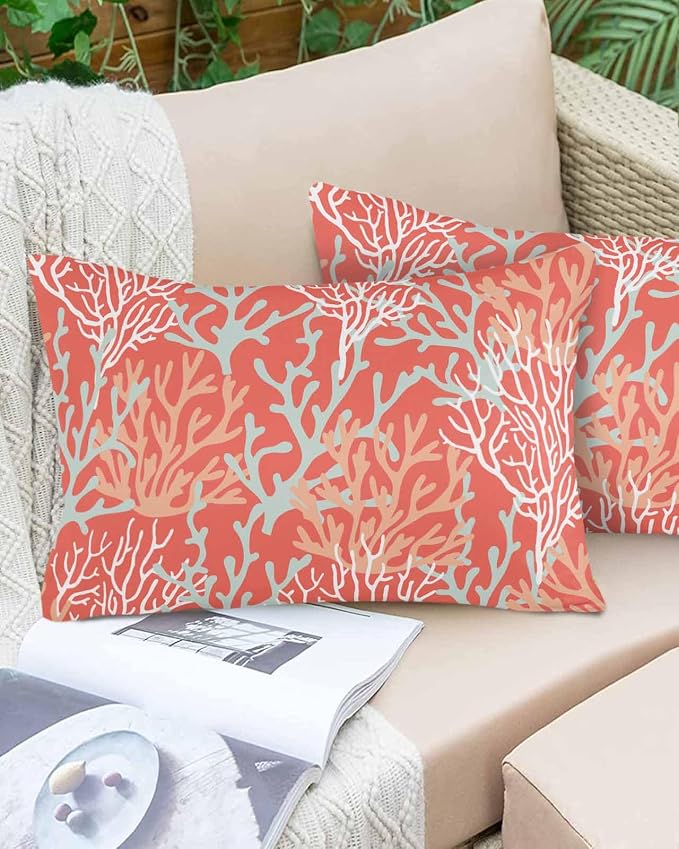 Pack of 2 Outdoor Pillow Covers 20x12 Waterproof Orange Ocean Coral Throw Pillow Covers, Decorative Pillowcases Nautical Coastal Summer Beach Cushion Covers for Patio Garden Couch Pillow Case