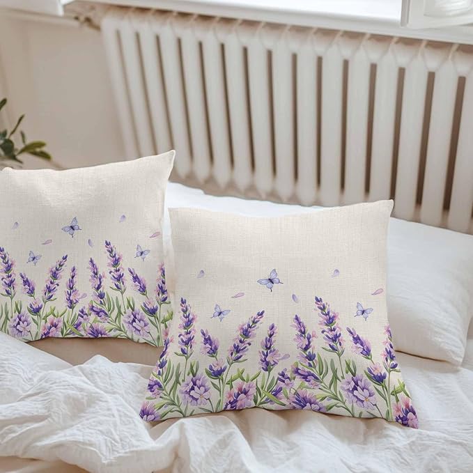 Vandarllin Outdoor Throw Pillows Covers 24x24 inch Set of 2 Waterproof Purple Lavender Flower Decorative Zippered Cushion Covers for Patio Furniture, Butterfly Floral Linen Lumbar Pillowcases