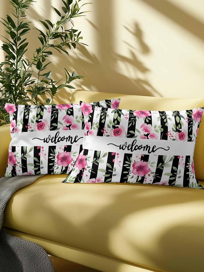 Outdoor Waterproof Throw Pillows Welcome Words Pink Flowers Patio Pillows,Decorative Pillow Covers with Insert,Pillow Cushion Case for Garden Couch Sofa Country Black Line