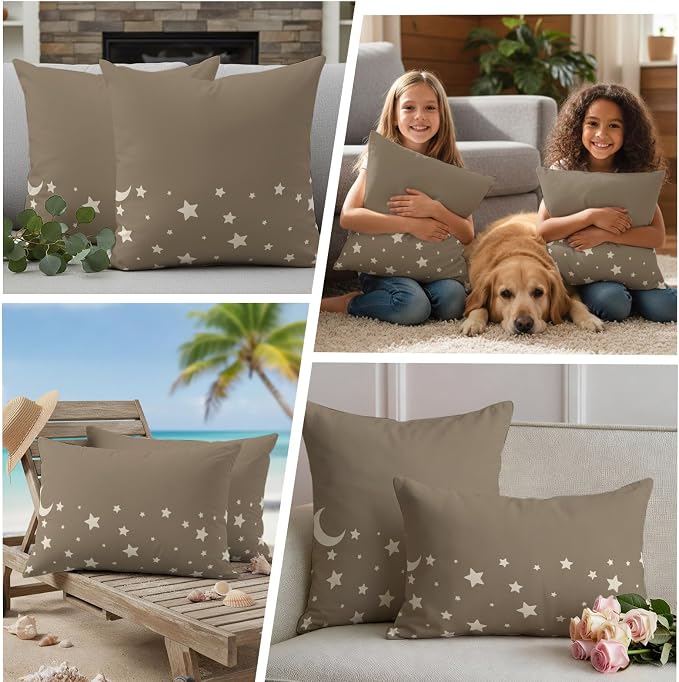 Stars Moon Waterproof Outdoor Pillow Covers Set of 2 Home Decor, Starry Night Khaki Pillowcase Patio Pillow Covers for Couch Bench Patio Furniture Garden 16x16in