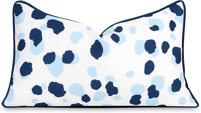 Hofdeco Premium Coastal Patio Indoor Outdoor Lumbar Pillow Cover Only, 12"x20" Water Repellent for Backyard, Couch, Navy Blue Leopard with Piping