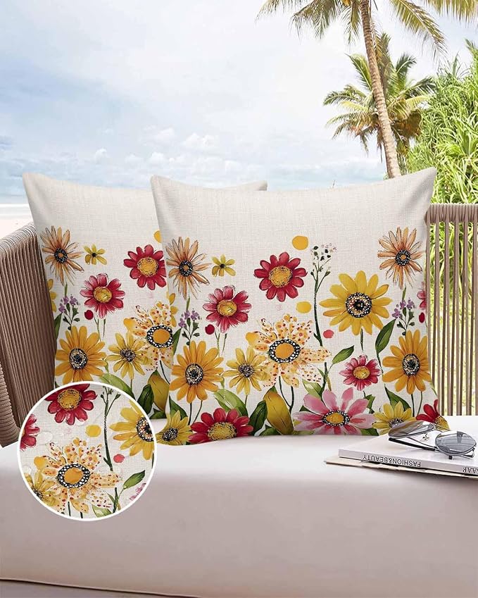 Outdoor Waterproof Pillow Covers for Patio Furniture Pink Purple Floral Decorative Throw Pillow Cover Red Yellow Flowers Pillowcases Set of 2 Cushion Case for Sofa Couch Chair Home Decor 26"x26"