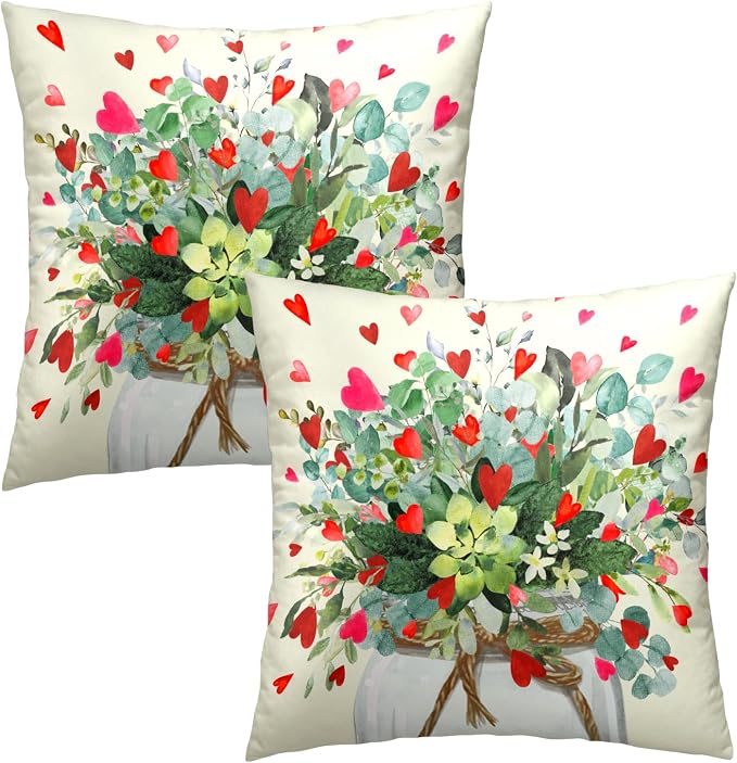 Eucalyptus Love Heart Pillow Covers 16x16, Mason Jar Leaves Red Hearts Valentine's Day Decorative Pillow Cases Soft Square Cushion Cover for Wedding Party Home Decor Set of 2