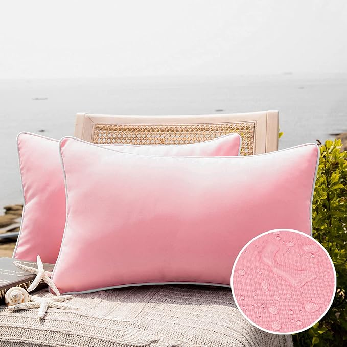 Phantoscope Pack of 2 Outdoor Waterproof Solid Throw Decorative Pillow Cover Decorative Square Outdoor Pillows Cushion Case Patio Pillows for Couch Tent, Pink 12x20 inches 30x50 cm
