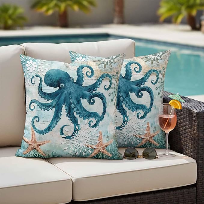 Ocean Creature Outdoor Waterproof Throw Pillow Covers Set of 2, 24"x24", Eight Pawfish Corals Sea Stars Decorative Pillow Covers Outside Cushion Case for Patio Porch Garden