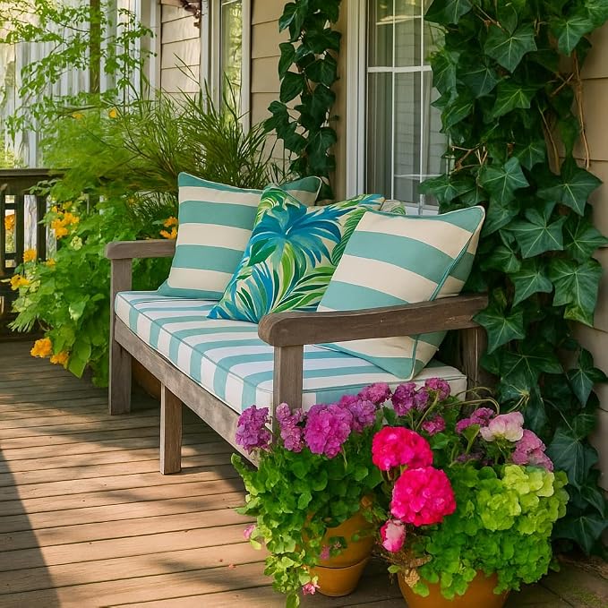 Outdoor Throw Pillow with Insert 18x18 Inch, Set of 2, Piping Edge Waterproof Fade Resistant Decorative Fluffy Pillows for Patio Furniture Chair Bench Couch Sofa - Green Palm Leaves