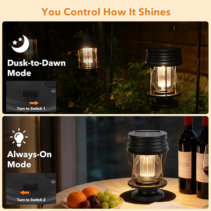 Solar Lanterns Outdoor Hanging Lights Patio Decor, Upgraded Dual Solar & USB Charging, Adjustable Light Sensor, Retro Decorative Table Lamp Waterproof, Indoor Outdoor Garden Patio Yard Decoration
