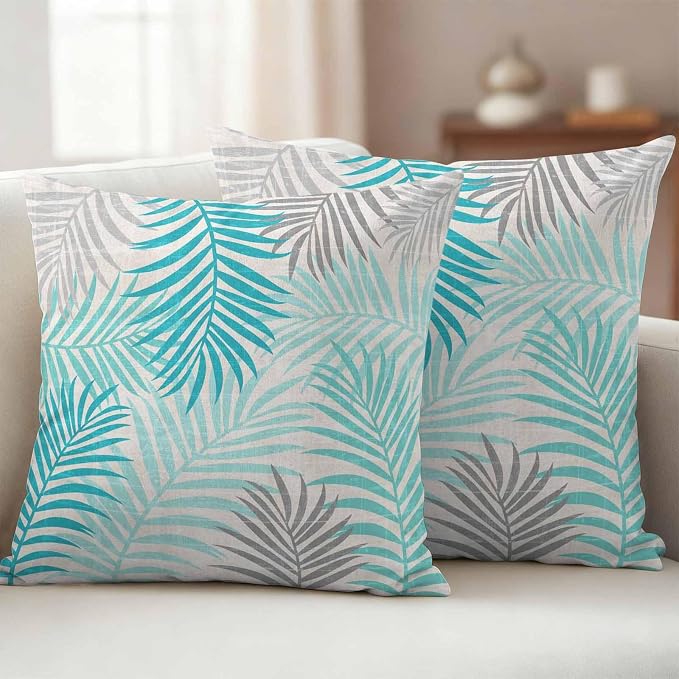 Outdoor Waterproof Throw Pillow Covers, Teal Grey Palm Leaves Decorative Pillow Cases, Summer Botanical Tropical Leaf Couch Pillow Protector Patio Sofa Cushion Covers Replacement 16"x16" 2 Pack