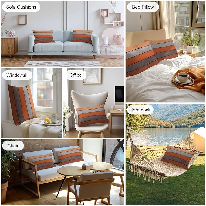 Outdoor Throw Pillow Covers 12X20 Set of 2 Waterproof Ombre Burnt Orange Gray Decorative Zippered Cushion Covers for Patio Furniture, Farmhouse Retro Rustic Barn Wood Texture Lumbar Pillowcases