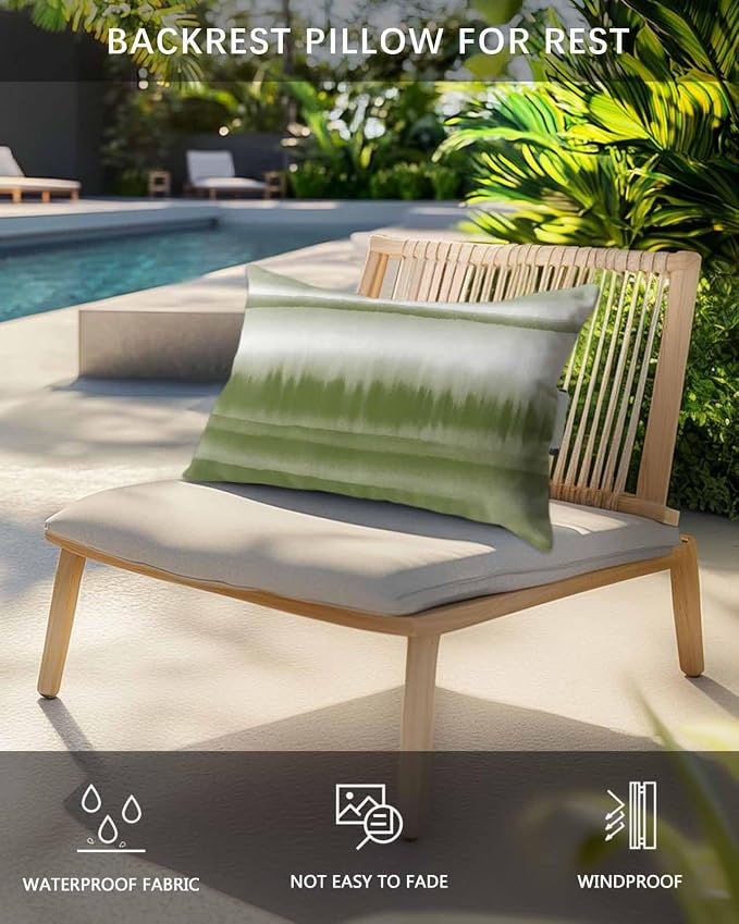 Outdoor Pillows Waterproof Covers Set of 2, Abstract Art Waves Elastic Chaise Lounge Headrest Pillow Covers, Stripes Watercolor Gradient Sage Green Lumbar Pillow for Beach Patio Furniture 20x12 Inch