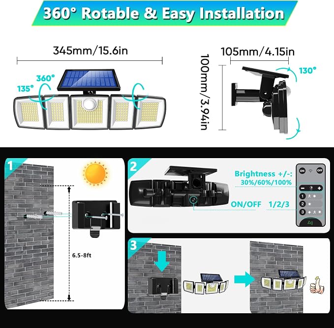 MDCMDCM Solar Lights Outdoor Waterproof Motion Sensor - 3000 Lumens 5-Head Adjustable Solar Flood Light, IP65 Waterproof Solar Security Light for Yard, Garage, Driveway, Garden