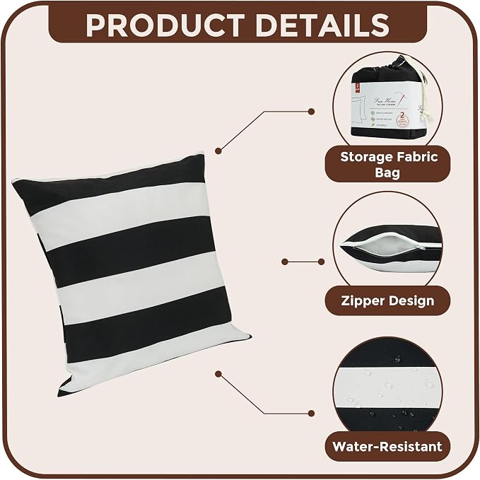 Outdoor Pillow Covers 18x18 Inch Pack of 2, No Insert-Black White Stripe | Square Throw Pillow Covers, Water-Repellent, Modern Pillow Cases for Sofa Patio Couch Decoration