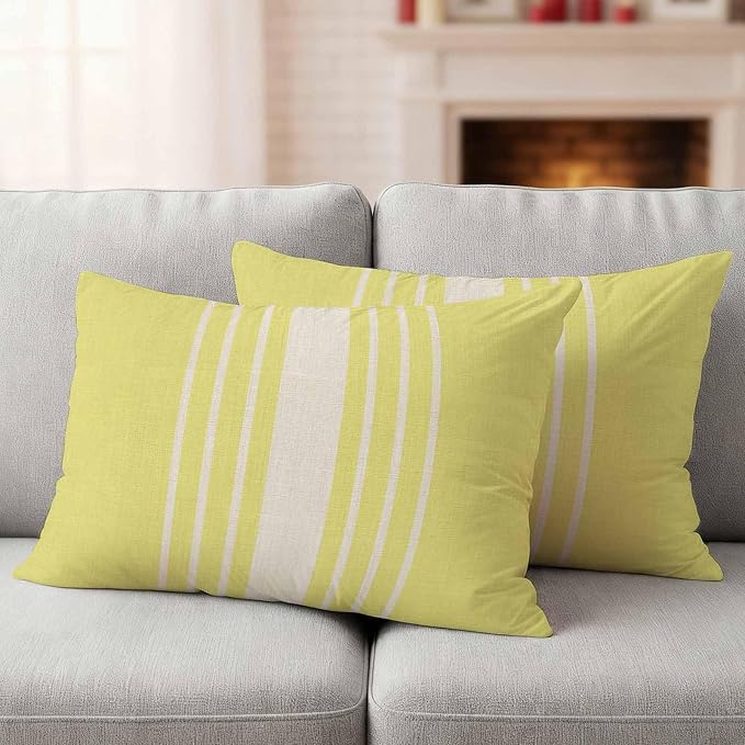 Lumbar Pillow Covers 20x12 Inch Set of 2, Yellow Beige Striped Waterproof Outdoor Cushion Covers, Modern Farmhouse Retro Lines Decorative Pillowcases for Couch, Sofa, Bed, Garden, Patio