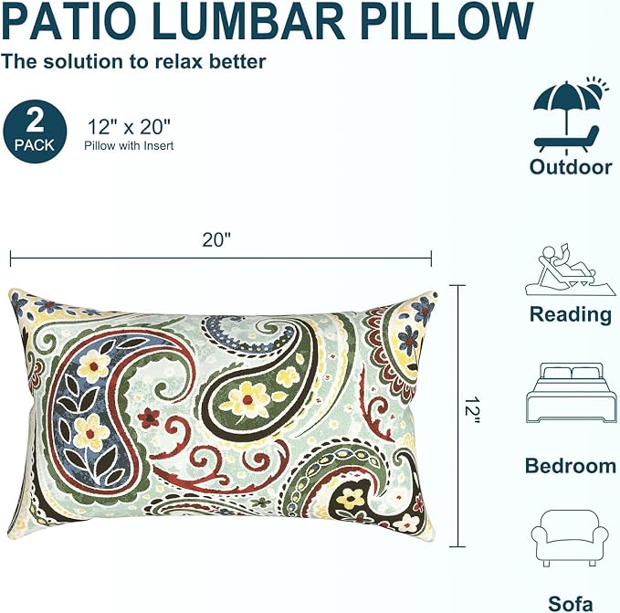 DYTXIII Pack of 2 Waterproof Outdoor Lumbar Pillow with Inserts, 12x20 in Rectangle Decorative Patio Throw Pillow for Home, Sofa,Bench and Patio Furniture, Paisley Lightcyan