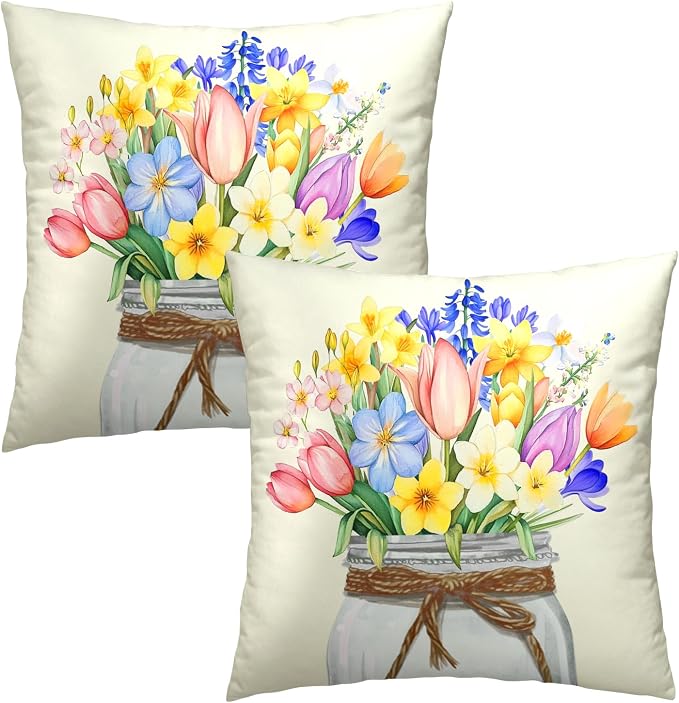 Easter Spring Flowers Pillow Covers 20x20 Inch, Set of 2 Colorful Tulips Lavender Floral Mason Jar Throw Pillowcases with Zipper Square Cushion Cover for Couch Sofa Bed Home Decor