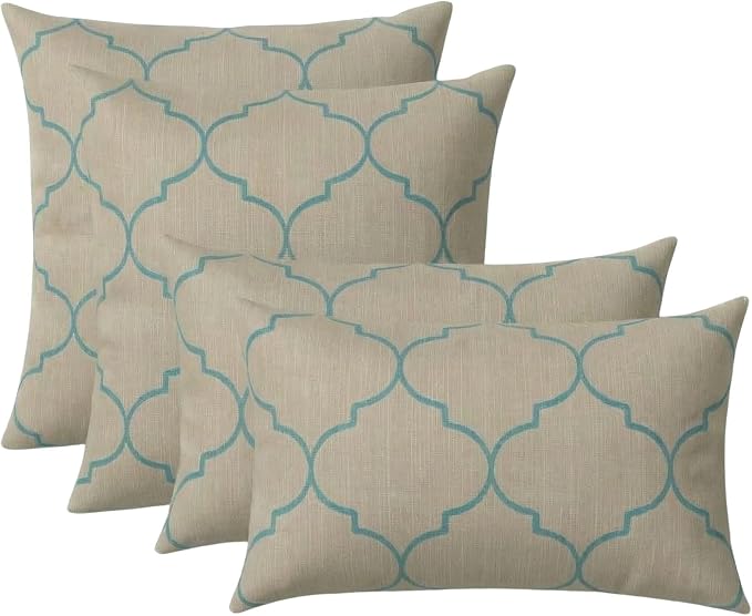 RSH DECOR: Sunbrella Lumbar & Square Pillows Set of 4 | 20" x 12" & 20" x 20" | Water and Fade-Resistant Fabric | Outdoor Throw Pillows for Patio Furniture | Made in USA (Trellis Geo II Mist)