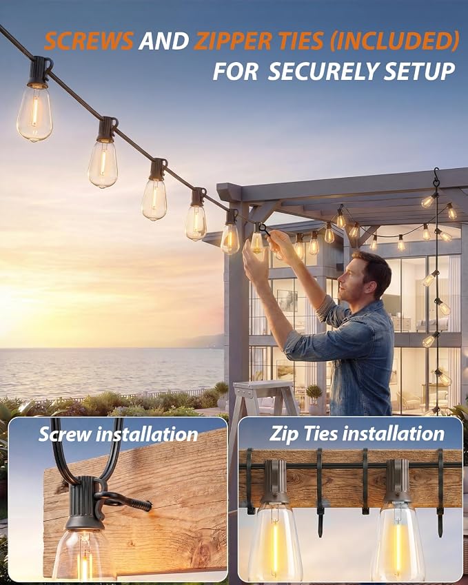 Outdoor String Lights 27FT, 15+2 Shatterproof Bulbs ST38, 1.5FT Spacing, IP65 Waterproof | Dimmable with Remote, Heavy-Duty, Include Screw & Zip Ties for Patio Backyard Holiday Outside