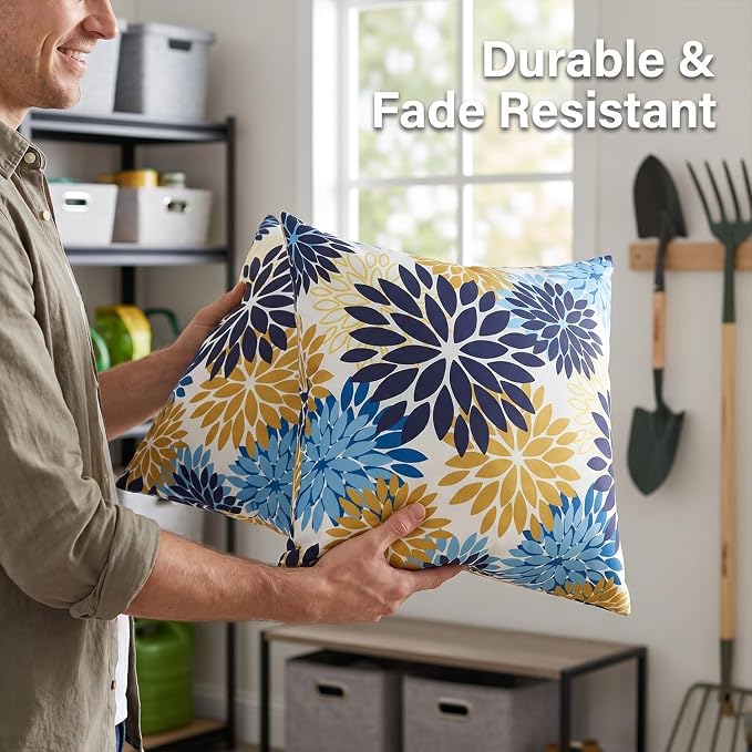 Outdoor Pillows Waterproof Throw Pillow Covers Set of 2 Dahlia Flowers Cushion Covers 18×18 Inch Blue and Yellow Decorative Square Pillow Case for Tent Sunbrella Garden Bench Living Room Sofa