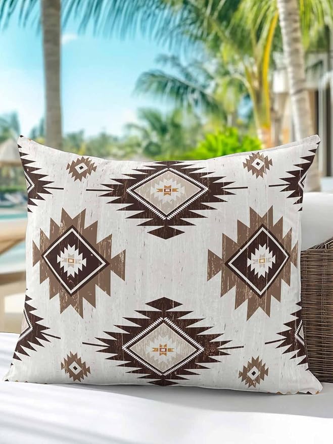 Waterproof Outdoor Pillow 1 Pack Brown Boho Aztec Decorative Throw Pillows Cover & Insert 18x18 Inch Pillowcase Southwest Tribal Style Square Pillows for Couch Sofa Bed Patio Furniture Indoor Outdoor