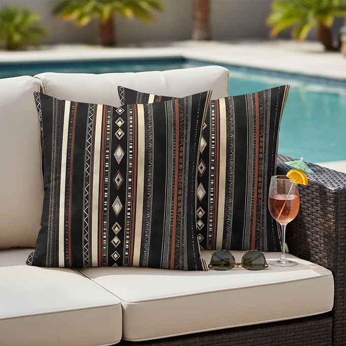 Black Beige Boho Outdoor Pillow Covers 24x24 Inch Throw Pillow Covers Set of 2 Waterproof Decorative Pillow Cases Vintage Abstract Geometric Ethnic Cushion Covers for Patio Furniture Garden Couch Sofa