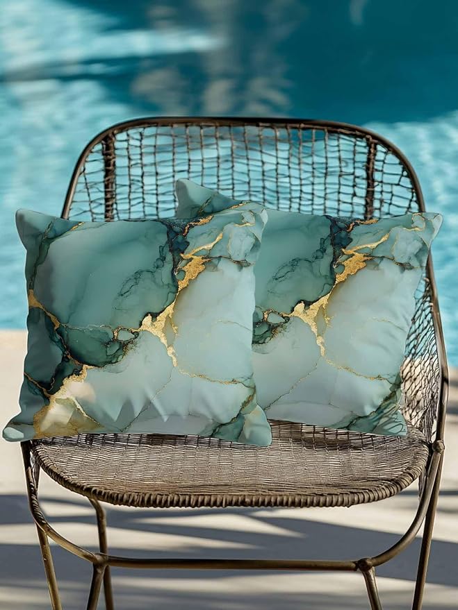 Outdoor Throw Pillow Set of 2, Teal Ombre Marble Waterproof Pillow with Insert Included, Modern Ink Painting Abstract Decorative Accent Cushion Sofa Pillows for Patio Porch, 16 x 16 in
