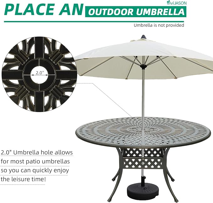 VIVIJASON Large 61" Patio Dining Table, Outdoor Round Dining Table Fits for 6-8 Person, Dark Bronze Cast Aluminum Rustic Patio Furniture Table with Umbrella Hole for Balcony, Porch and Deck