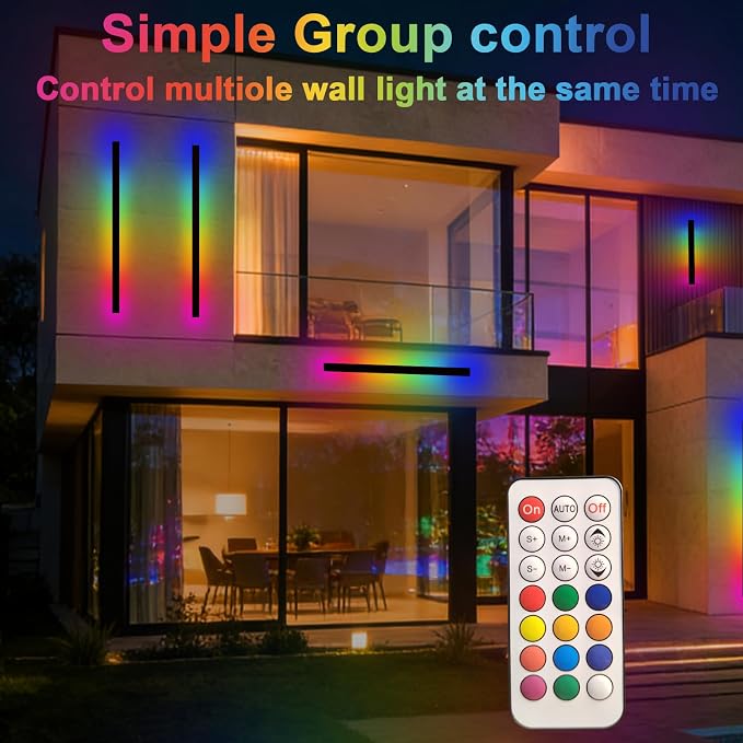 RGB Outdoor Wall Lights, Ip65 Waterproof Linear Led Modern Wall Sconce, 7 Colors and 358 Light Effects, Dimmable with Remote Modern Linear Exterior Light Fixture 59 inch (2 Pack)