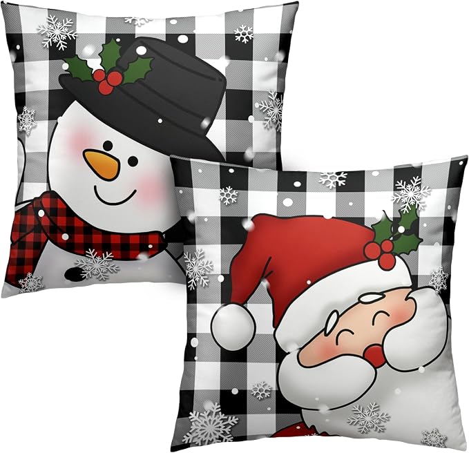 Xmas Santa Claus and Snowman Christmas Pillow Covers 16x16 Set of 2 Black and White Plaid Throw Pillow Covers Warm Soft Touch Cotton Blend Winter Pillows Cases for Bedroom Sofa