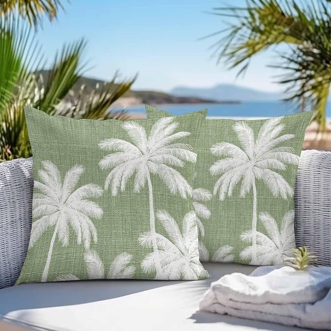 Outdoor Pillow Covers 24x24 Inch Set of 2, Dark Sage Green Palm Trees Waterproof Throw Pillow Covers, Tropical Summer Beach Decorative Cushion Pillowcases for Couch, Sofa, Bed, Garden, Patio
