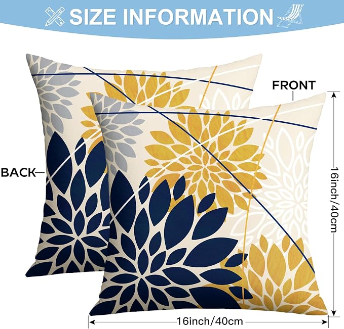 OTOSTAR Outdoor Dark Blue Yellow Pillow Covers 16x16 Inch Set of 2 Light Grey Flower Throw Pillows Geometric Dahlia Floral Square Cushion Case Waterproof Decor for Sofa Patio Funiture Garden