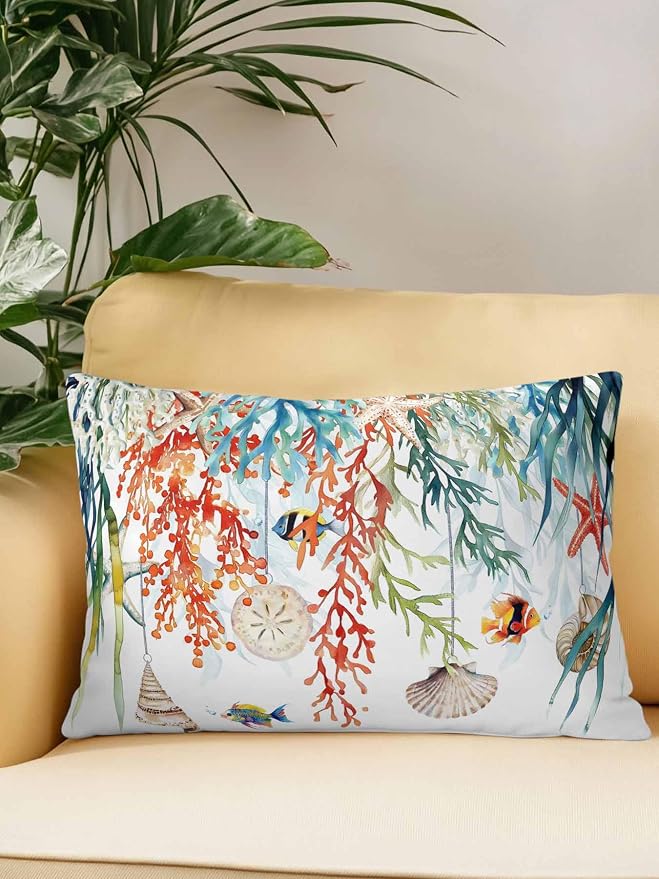 Outdoor Waterproof Throw Pillows Summer Colorful Coral Shell Conch Patio Pillows,Decorative Pillow Covers with Insert,Pillow Cushion Case for Garden Couch Sofa Sea Starfish Fish Marine Life