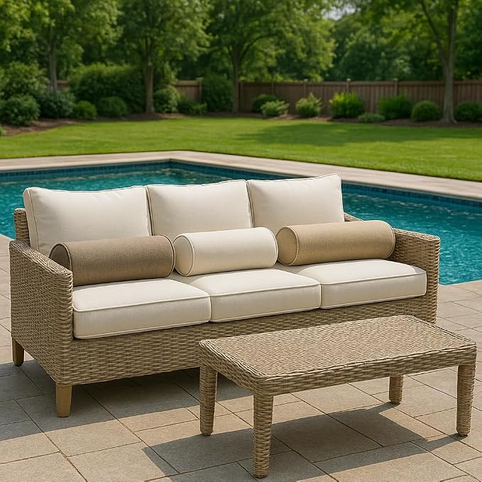 RSH Décor Sunbrella Jumbo Neck Roll Pillows – Set of 2 | 24” x 8” | Brannon Whisper Green/Brown Stripe | Outdoor Decorative Pillow for Patio or Porch | Water & Fade-Resistant