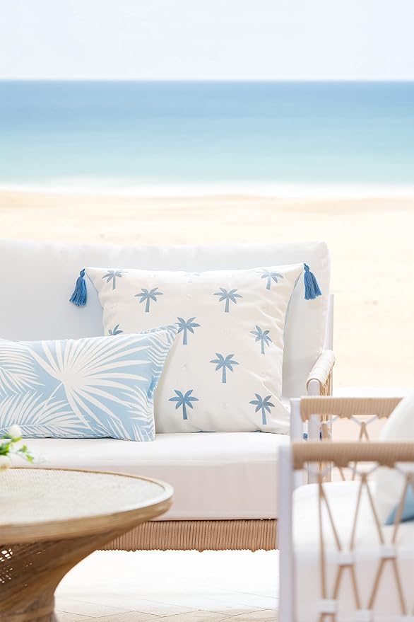 Hofdeco Premium Coastal Hampton Style Patio Indoor Outdoor Pillow Cover Only, 20"x20" Water Resistant for Backyard, Couch, Baby Blue Embroidered Palm Tree Tassel