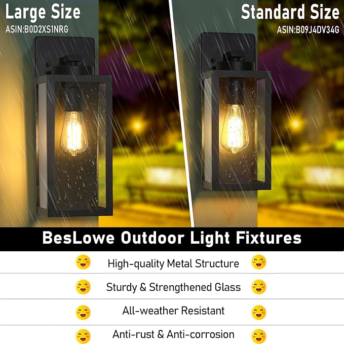 BesLowe 15’’ Large Outdoor Wall Lights, Modern Black Exterior Wall Lanterns | Waterproof Metal Construction, Rust-resistant, Quick & Easy Installation, Clear Glass Shades & Standard E26 Socket