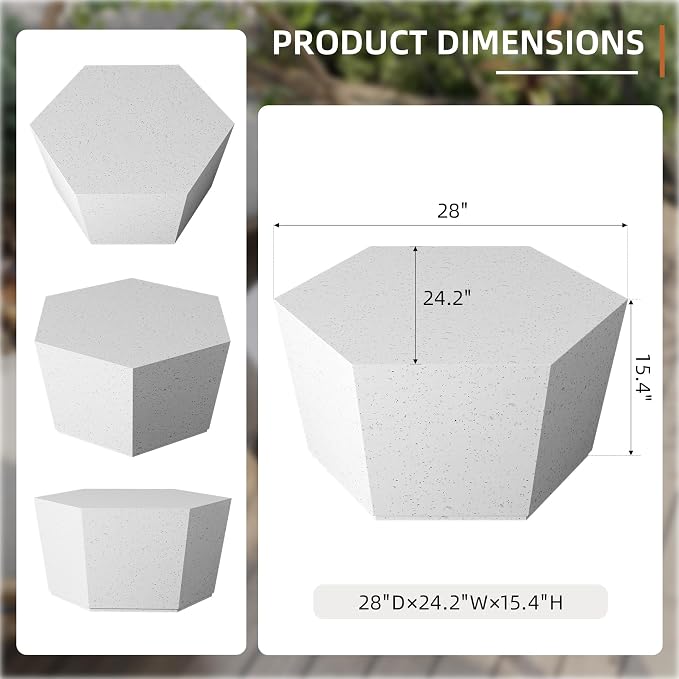 UPHA 28" Hexagon Outdoor Coffee Table, Modern Hollow Concrete Patio Table, Small Minimalist Low Accent Table for Living Room, Balcony, Deck, Backyard, Off-White