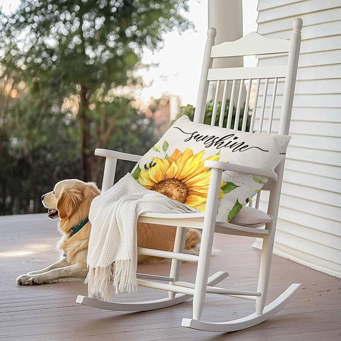 Vintage Yellow Sunflower Bee Outdoor Throw Pillow Covers Set of 2,Decorative Waterproof Pillowcase, Rustic Botanical on Linen Cushion Case for Patio Garden Couch Sofa Tent Bed 20x12 Inches