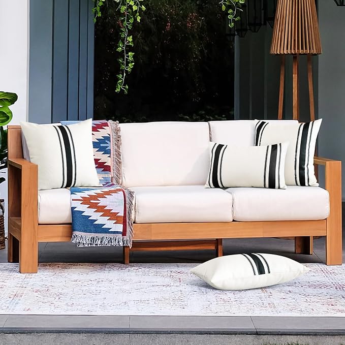 OTOSTAR Pack of 2 Outdoor Waterproof Decorative Pillow Covers 12x20 Inch Linen Geometry Pillowcases Cushion Case Garden Throw Pillow Covers Pillows Shell for Patio Furniture Couch Tent Balcony (Black)